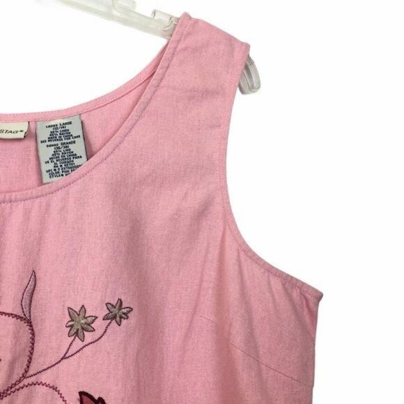 White Stag Vtg Y2K Pink Floral Appliqué Tank Top Women’s Large Linen Blend - Picture 6 of 8